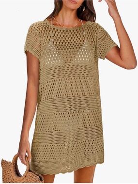 Crochet Beach Cover-Up Dress in Khaki, knit